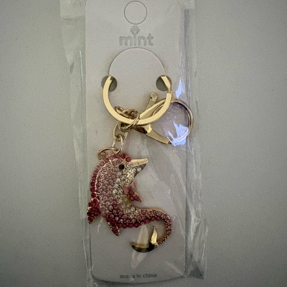 Crystal Dolphin Keychain Bag Charm - Pink & Clear Rhinestones